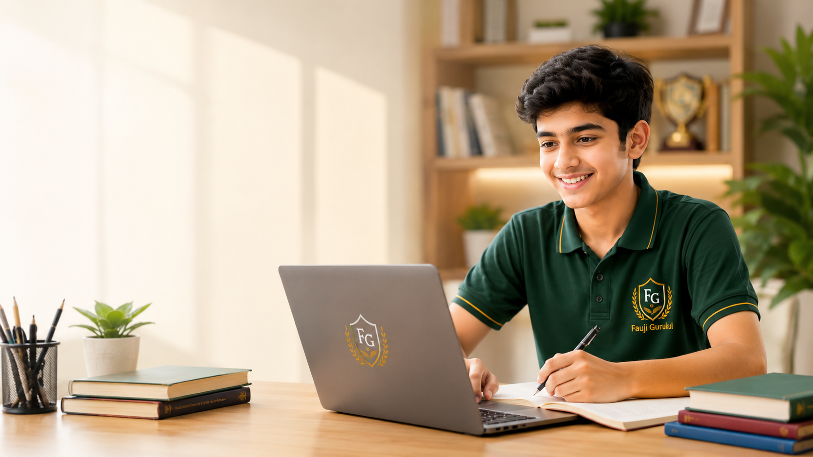 Student learning with Fauji Gurukul — laptop and notebook at study desk