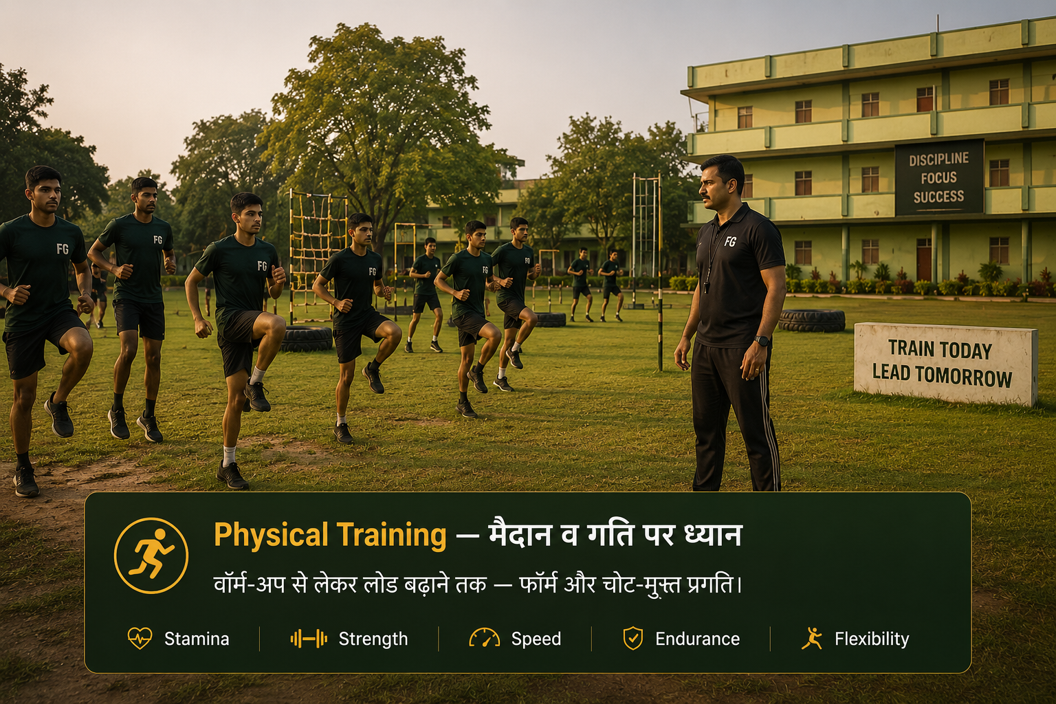 खुले मैदान पर high-knee drill — instructor के साथ शारीरिक गतिविधि व अनुशासन