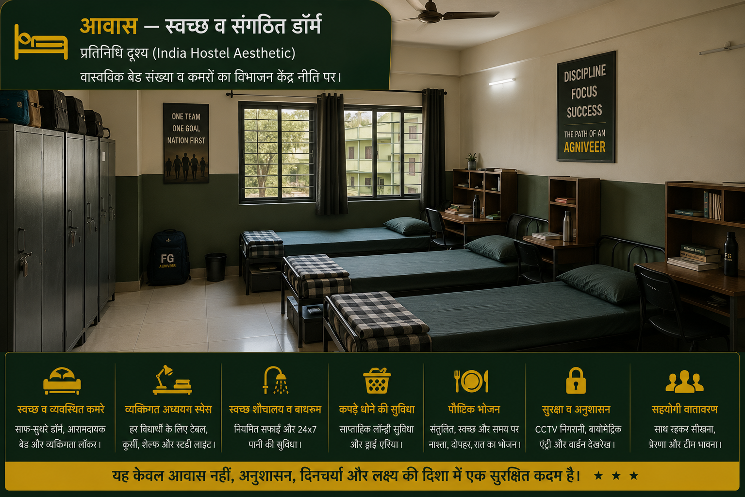 स्वच्छ व संगठित डॉर्म — बेड, लॉकर, अध्ययन डेस्क और अनुशासित रहने की व्यवस्था