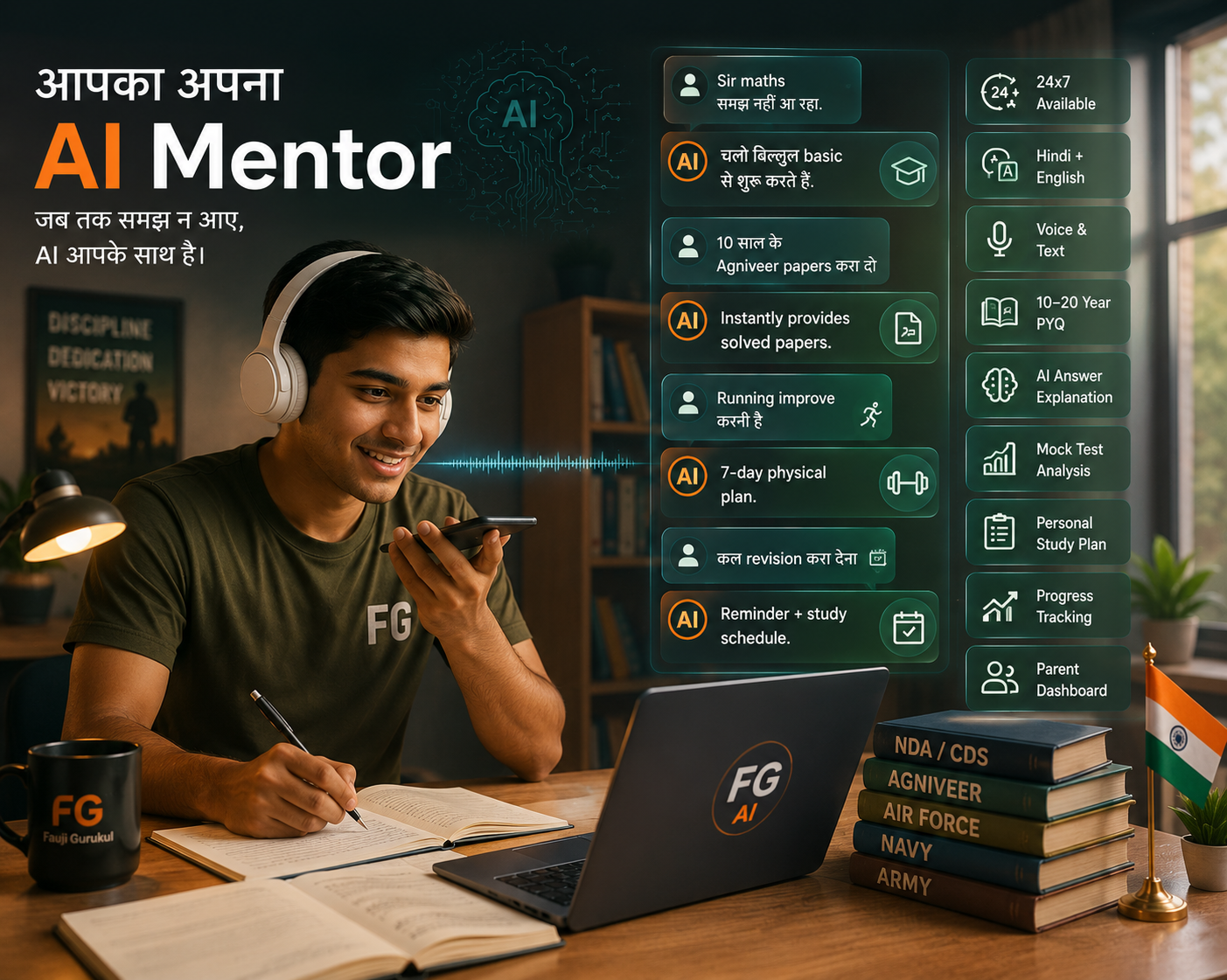 अग्निवीर उम्मीदवार AI mentor से बात करते हुए — लैपटॉप और फोन