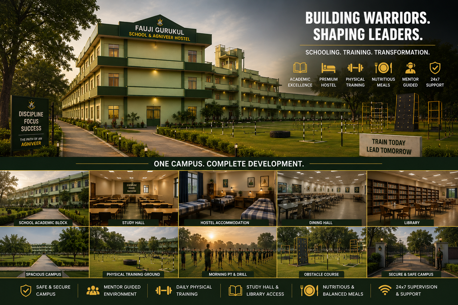 Fauji Gurukul campus — academic block, Agniveer hostel, physical training ground, study hall, library, and mentor environment