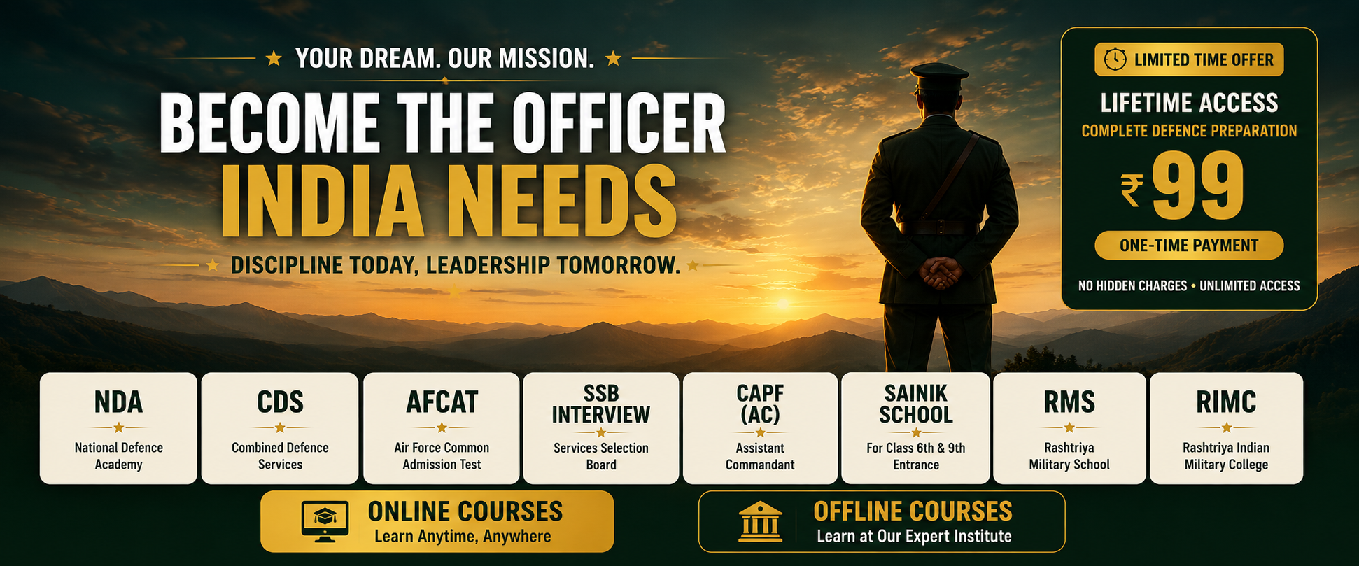 Fauji Gurukul defence preparation: NDA, Sainik School, Military School, RIMC, and SSB guidance in one disciplined system.